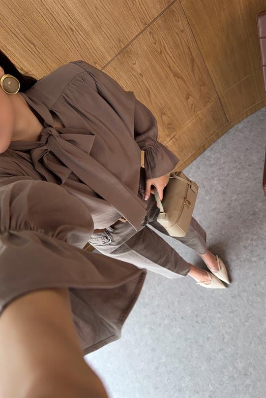 V Yaka Boyun Bağlamalı Vizon Bluz