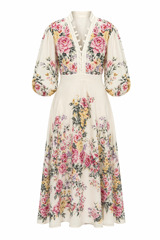 V Yaka Düğme Detaylı Romantik Çiçekli Elbise