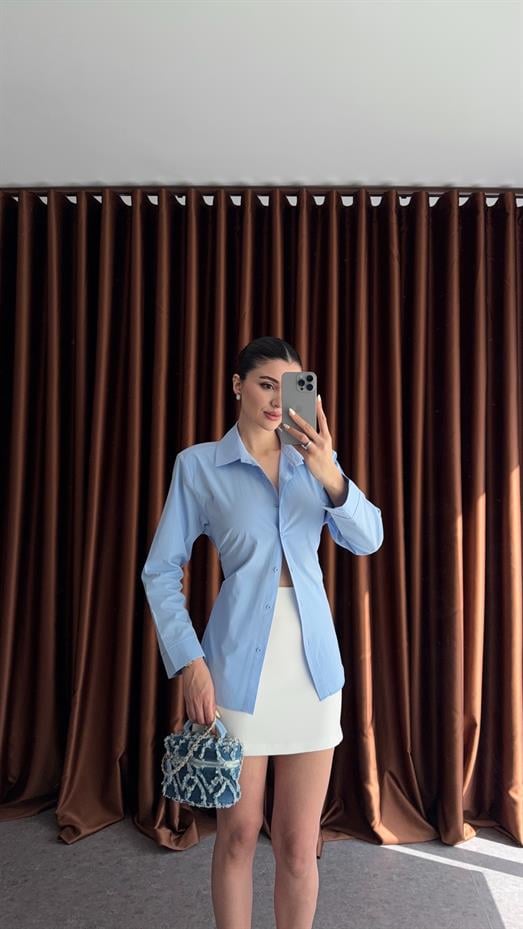 Vatkalı Bağlamalı Mavi Gömlek