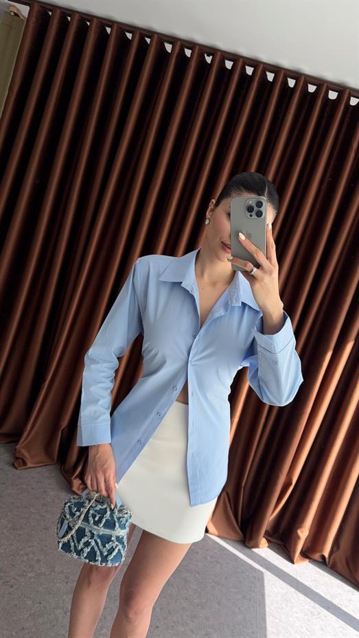 Vatkalı Bağlamalı Mavi Gömlek