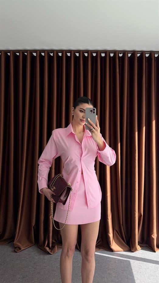 Vatkalı Bağlamalı Pembe Gömlek