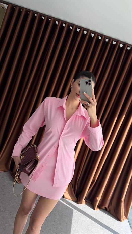 Vatkalı Bağlamalı Pembe Gömlek