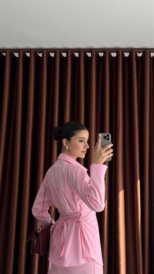 Vatkalı Bağlamalı Pembe Gömlek