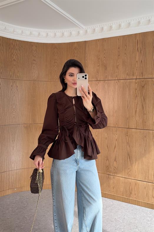 Vatkalı İp Bağlama Kahve Gömlek