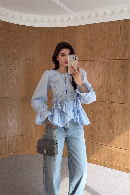 Vatkalı İp Bağlama Mavi Gömlek