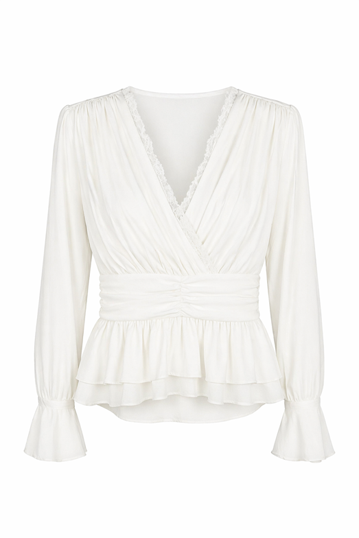 Vatkalı Modal Dantelli Beyaz Bluz