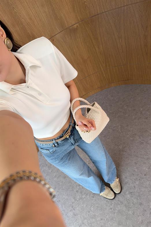 Vatkalı Polo Yaka Beyaz Crop Tshirt