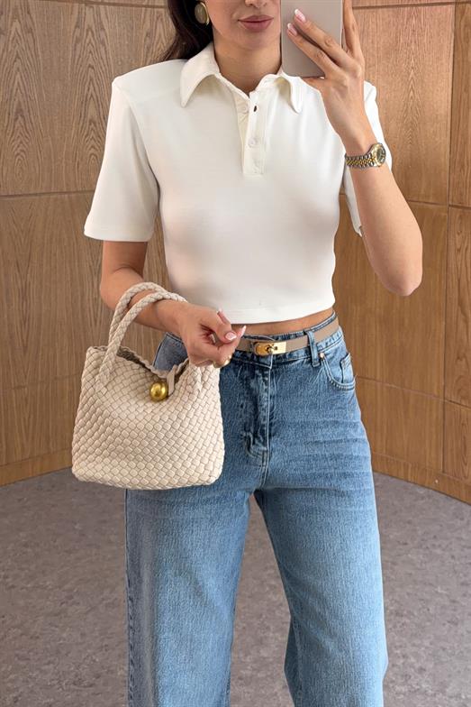 Vatkalı Polo Yaka Beyaz Crop Tshirt