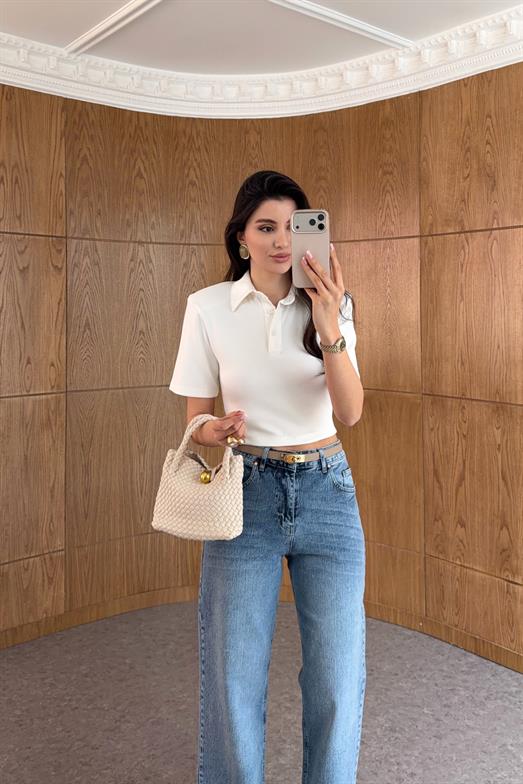 Vatkalı Polo Yaka Beyaz Crop Tshirt