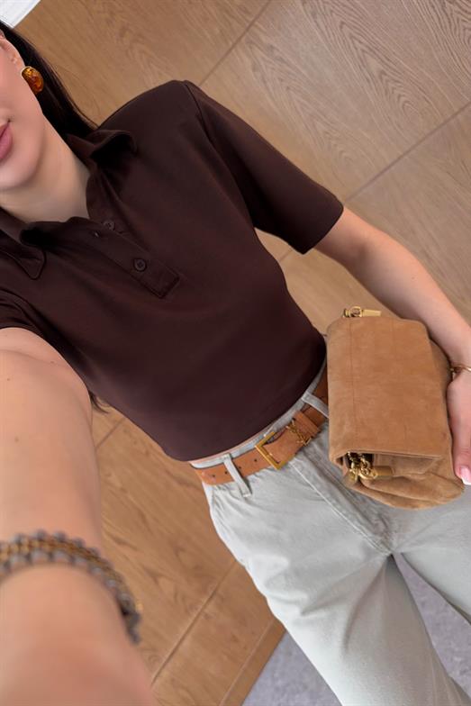 Vatkalı Polo Yaka Kahve Crop Tshirt