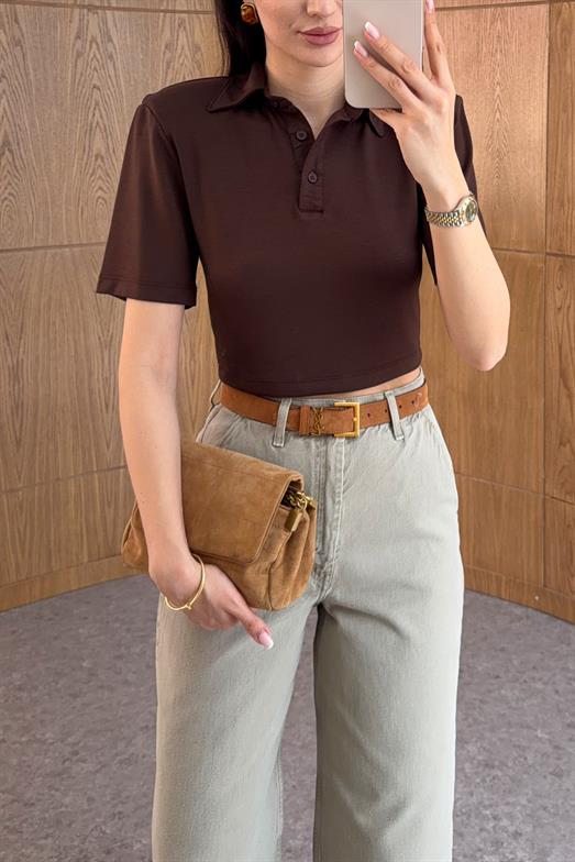 Vatkalı Polo Yaka Kahve Crop Tshirt