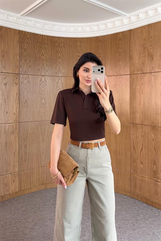 Vatkalı Polo Yaka Kahve Crop Tshirt
