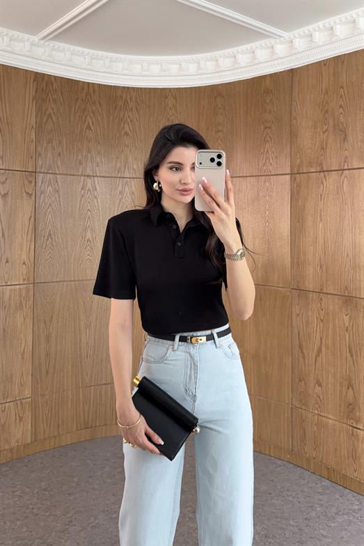 Vatkalı Polo Yaka Siyah Crop Tshirt