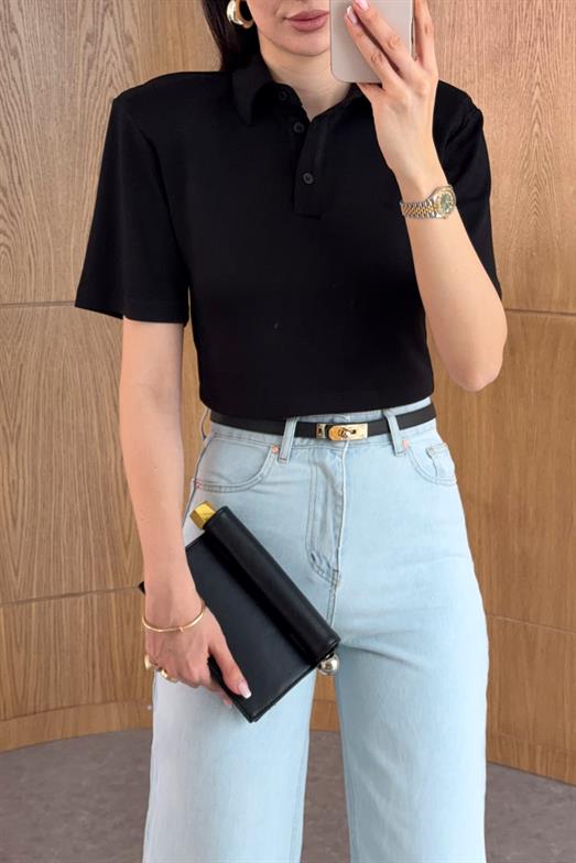 Vatkalı Polo Yaka Siyah Crop Tshirt