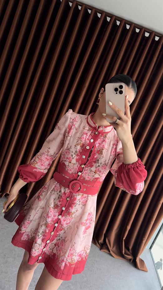 Vintage Çiçek Desenli Kemerli Mini Elbise