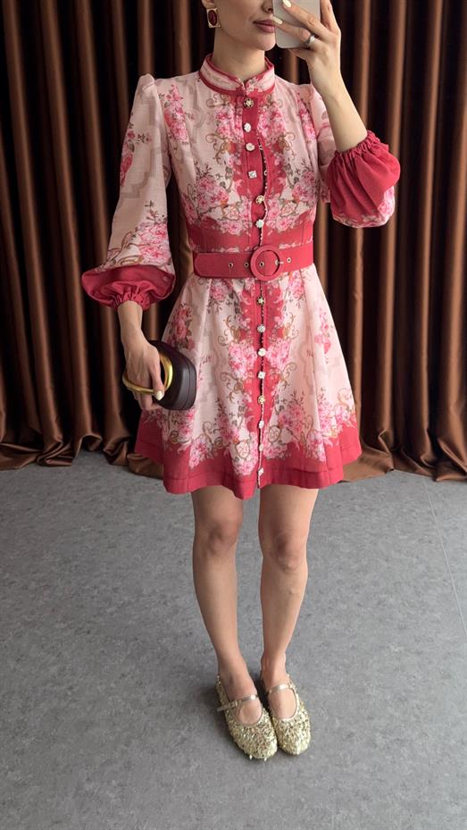 Vintage Çiçek Desenli Kemerli Mini Elbise