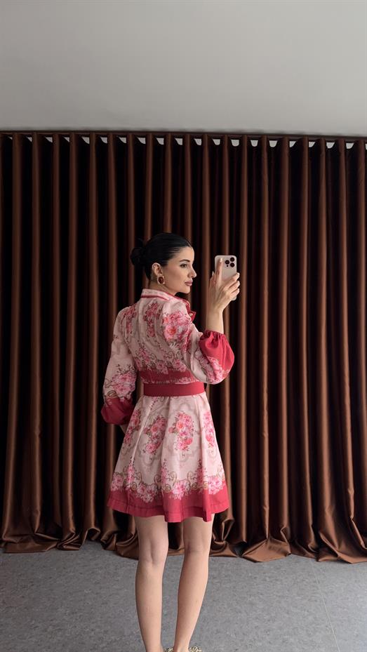 Vintage Çiçek Desenli Kemerli Mini Elbise