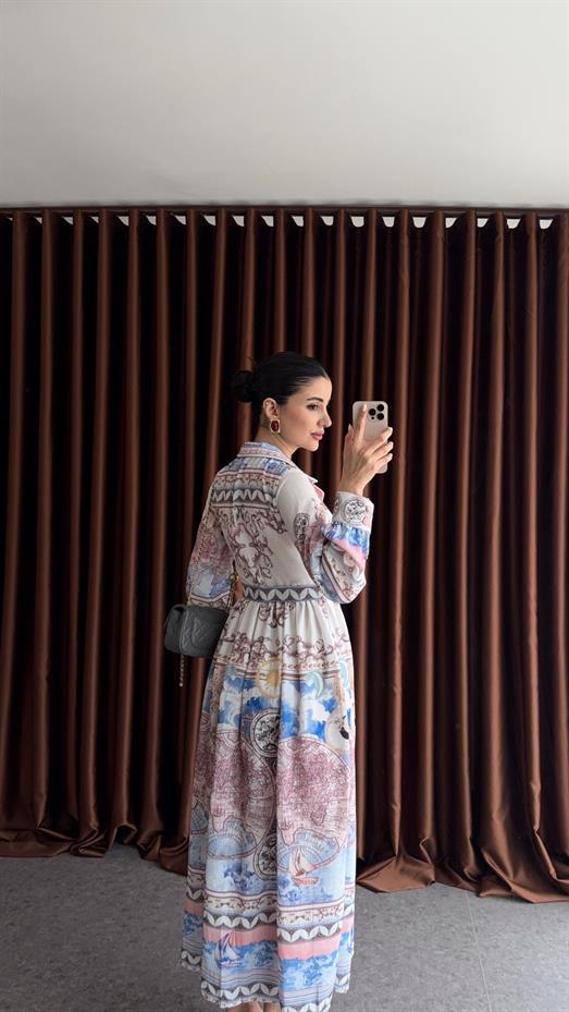 Vintage Harita Desenli Kemerli Gömlek Elbise