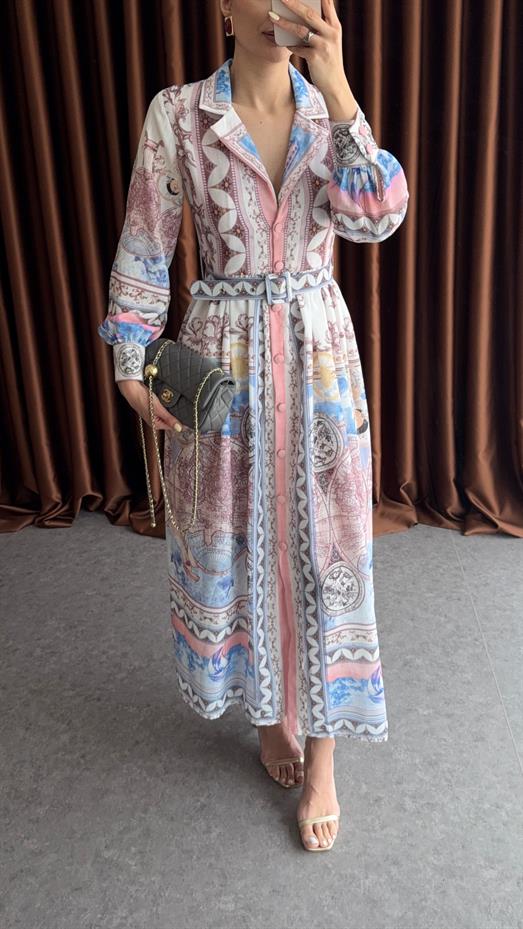 Vintage Harita Desenli Kemerli Gömlek Elbise