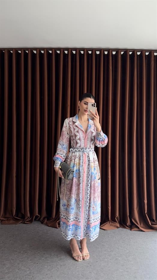 Vintage Harita Desenli Kemerli Gömlek Elbise