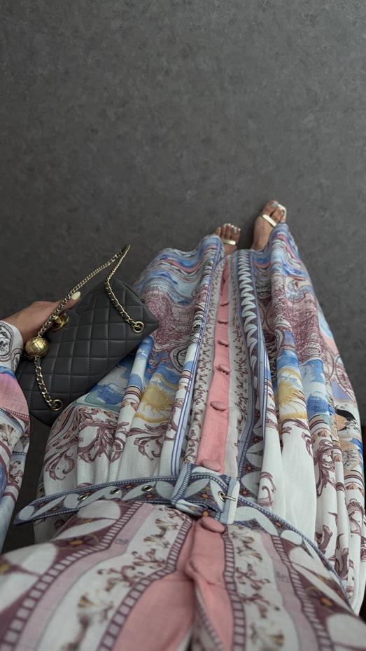 Vintage Harita Desenli Kemerli Gömlek Elbise