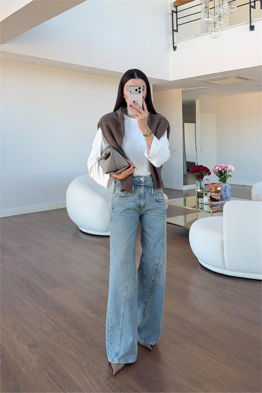 Vintage Mavi Asimetrik Tasarım Jean