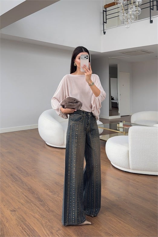 Vintage Yıkamalı Zımba İşlemeli Wide Leg Denim 