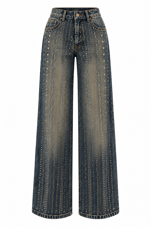 Vintage Yıkamalı Zımba İşlemeli Wide Leg Denim 