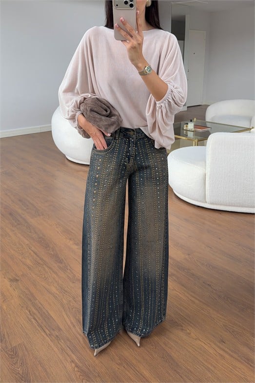Vintage Yıkamalı Zımba İşlemeli Wide Leg Denim 