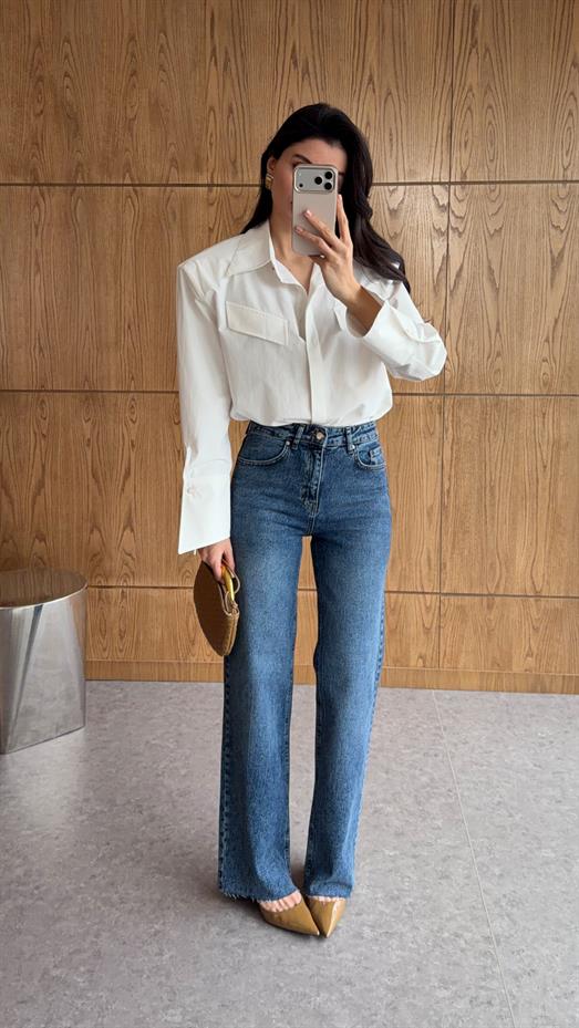 Wide Leg Kesik Paça Mavi Jean