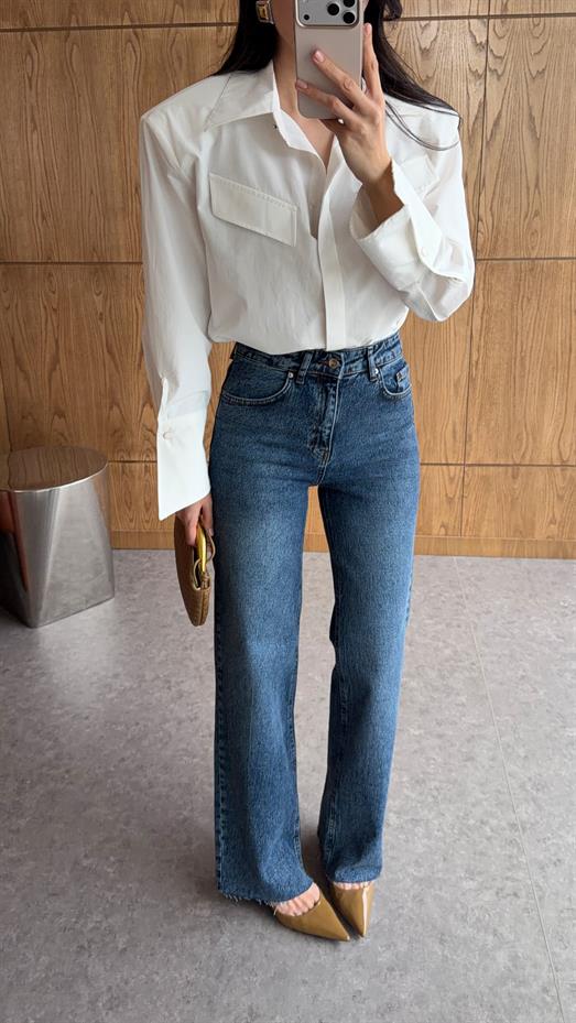 Wide Leg Kesik Paça Mavi Jean