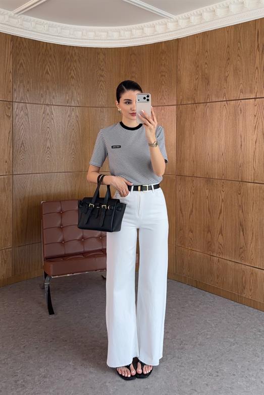 Wide Leg Kesik Paça Siyah Kemerli Beyaz Jean