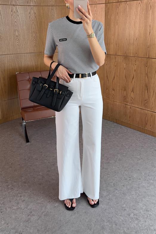 Wide Leg Kesik Paça Siyah Kemerli Beyaz Jean