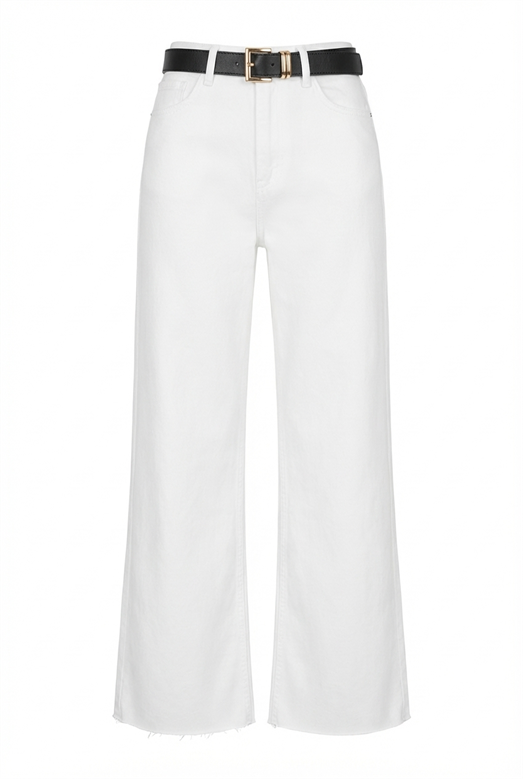 Wide Leg Kesik Paça Siyah Kemerli Beyaz Jean