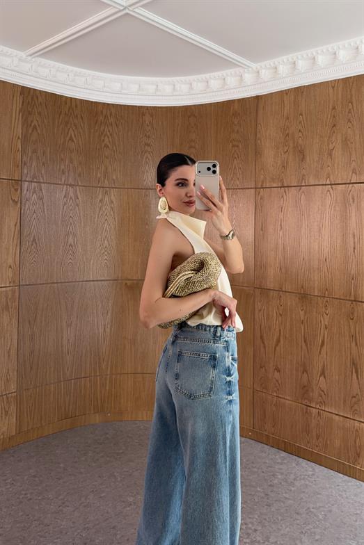 Wide Leg Yıkamalı Mavi Jean