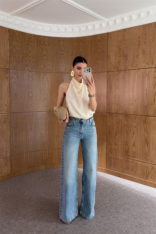 Wide Leg Yıkamalı Mavi Jean