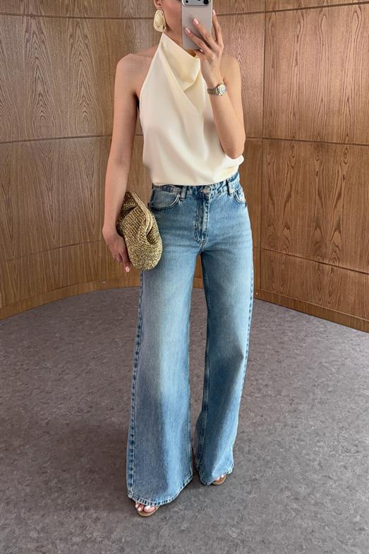 Wide Leg Yıkamalı Mavi Jean
