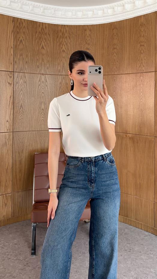 Yaka Biyeli Ekru Triko