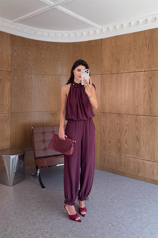 Yaka Detaylı Lyocell Bordo Bluz-Pantolon Takım