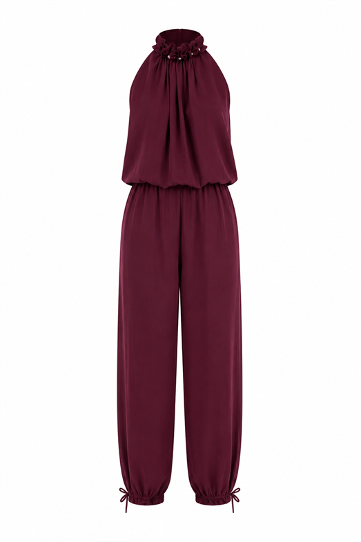 Yaka Detaylı Lyocell Bordo Bluz-Pantolon Takım