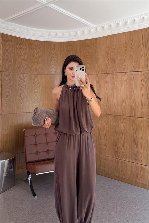 Yaka Detaylı Lyocell Kahverengi Bluz-Pantolon Takım