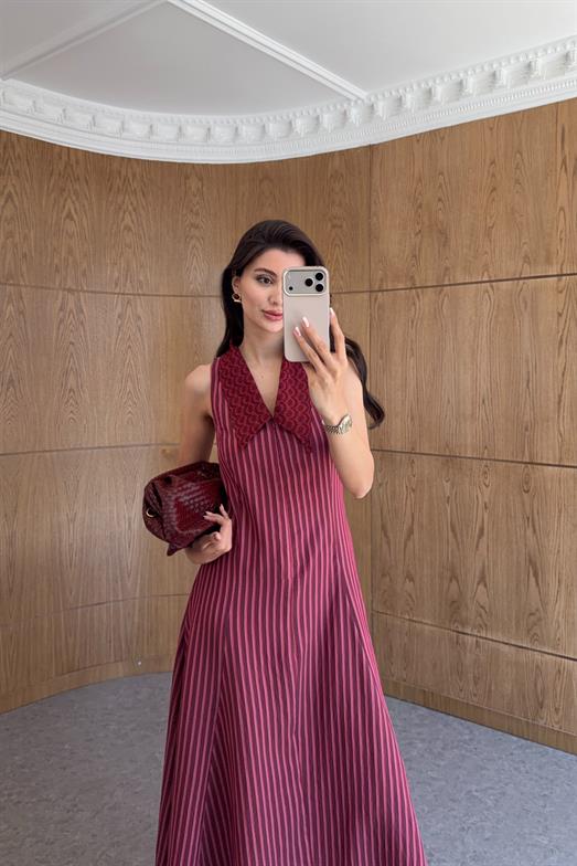 Yaka Garnili Çizgili Bordo Elbise