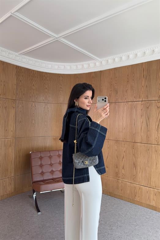 Yakası Bağlamalı Denim Bluz