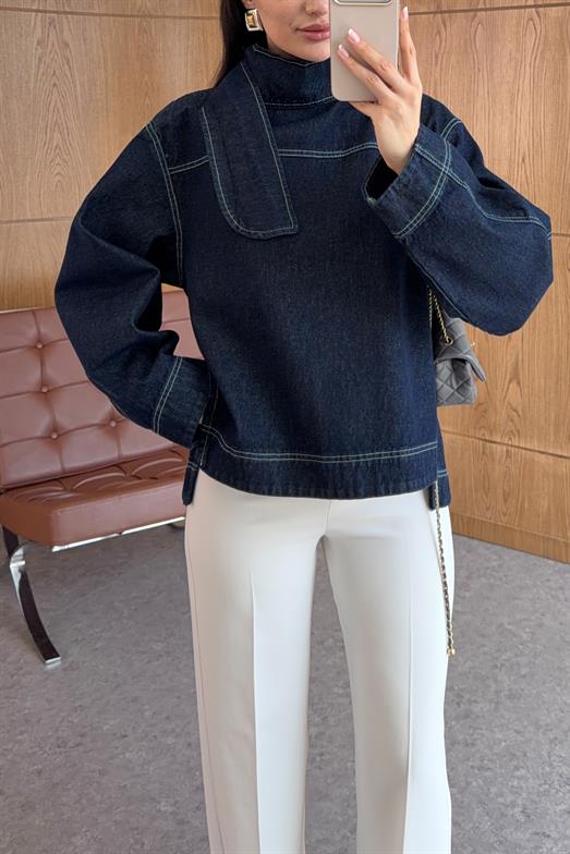 Yakası Bağlamalı Denim Bluz