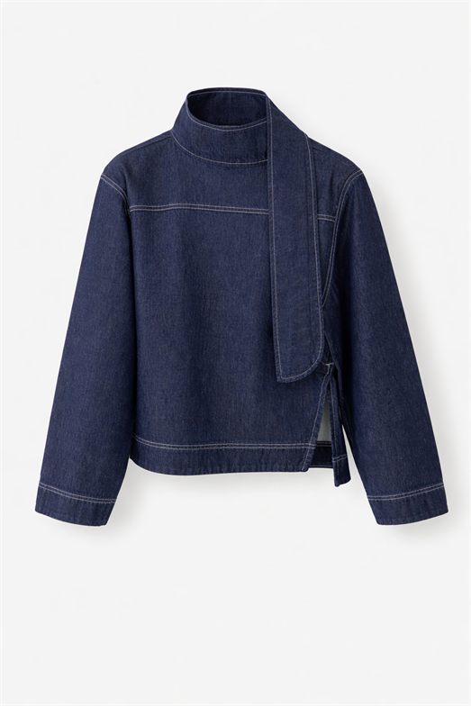 Yakası Bağlamalı Denim Bluz