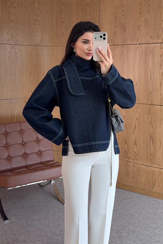 Yakası Bağlamalı Denim Bluz