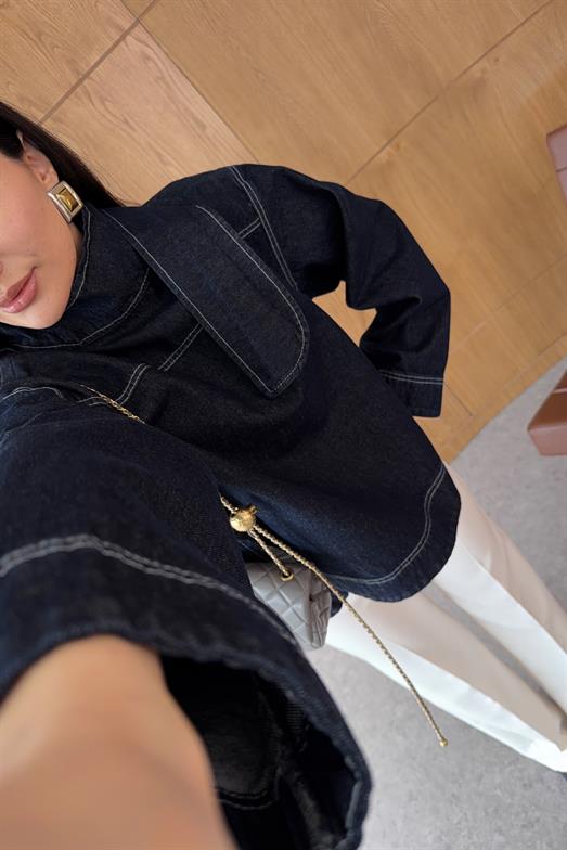 Yakası Bağlamalı Denim Bluz