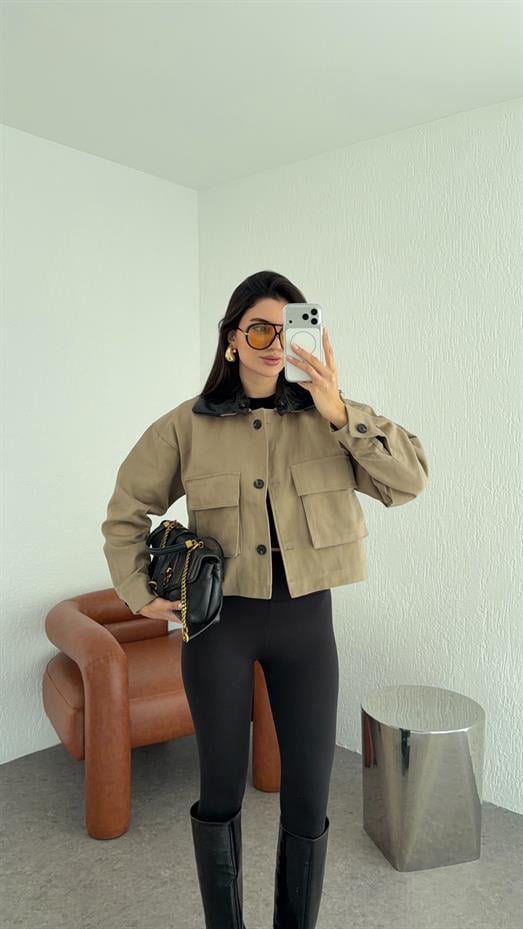 Yakası Deri Gabardin Ceket