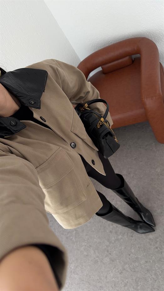 Yakası Deri Gabardin Ceket