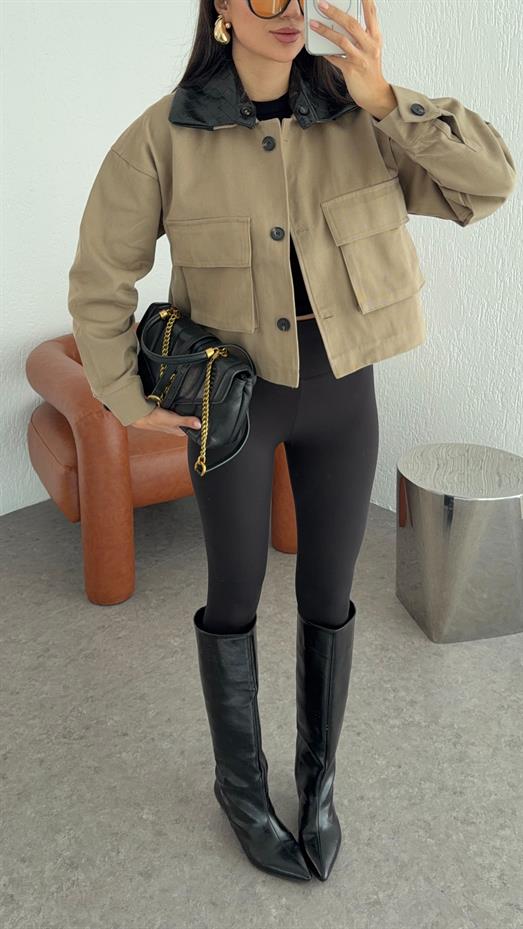 Yakası Deri Gabardin Ceket